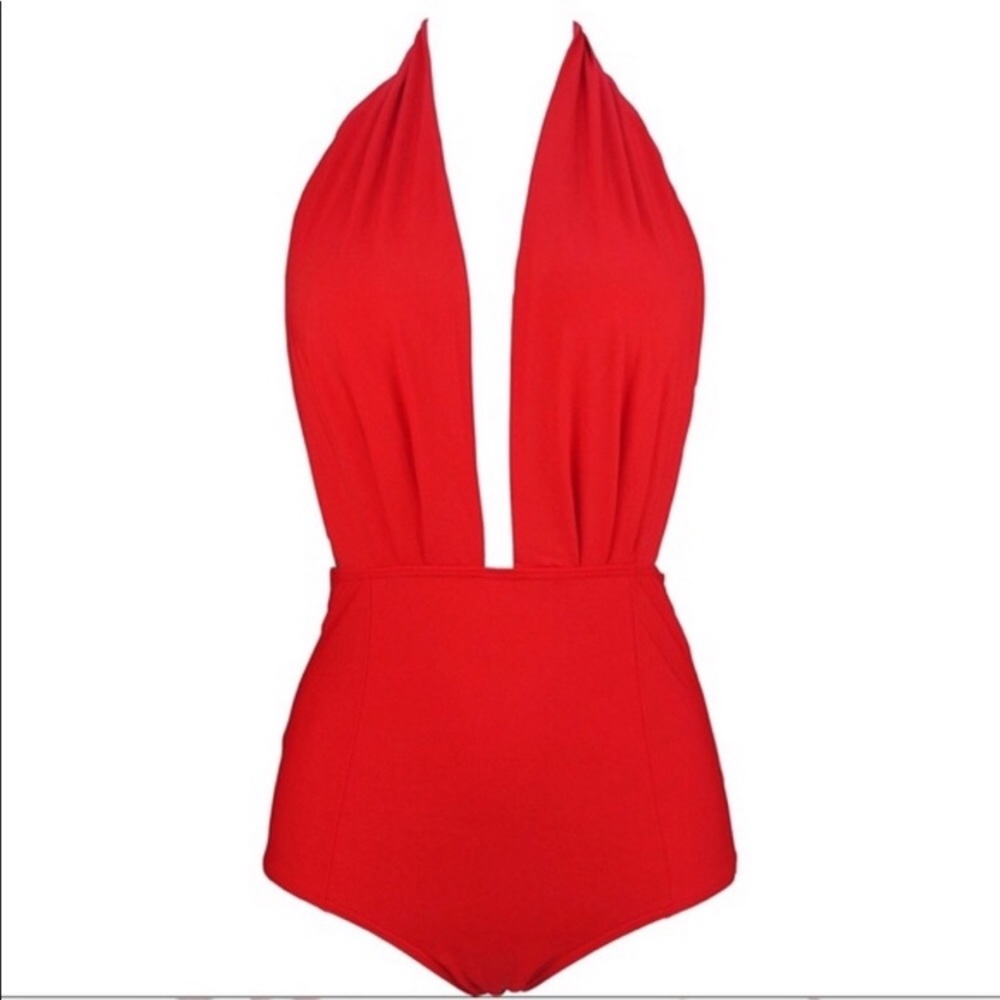 deep V red bathing suit